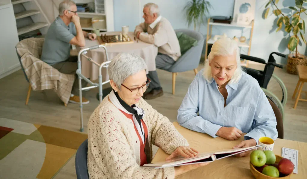 Seniors enjoying leisure time in care home